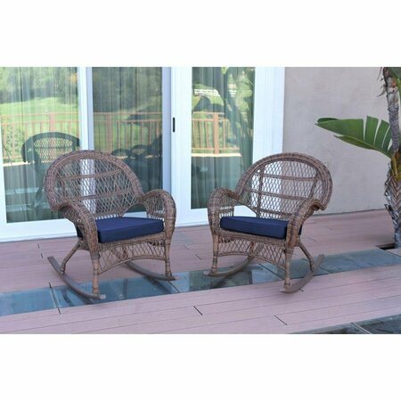 JECO W00210-R-2-FS011 Santa Maria Honey Wicker Rocker Chair with Blue Cushion, 2PK W00210-R_2-FS011
